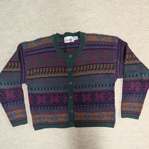 Vintage Cotton & Ramie Jewel Tone Patterned Button Cardigan Sweater Cropped Med